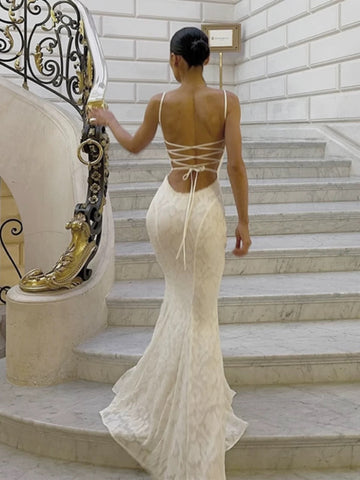 Mermaid Spaghetti Straps Long White Prom Dresses Formal Graduation Party Dress Evening Dress SD2461 HZ0628